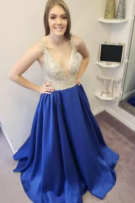 Royal Blue V Neck Beaded Satin Long Prom Dresses, Royal Blue Formal Dresses, Elegant Royal Blue Evening Dresses