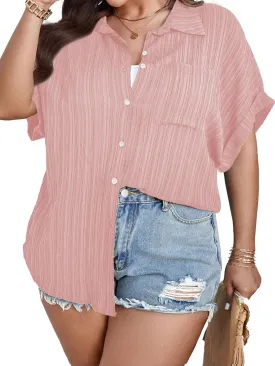 SCOMCHIC Women Plus Size Button Down Short Sleeve Shirts Collared Textured Summer Blouse Casual Tops with Pockets