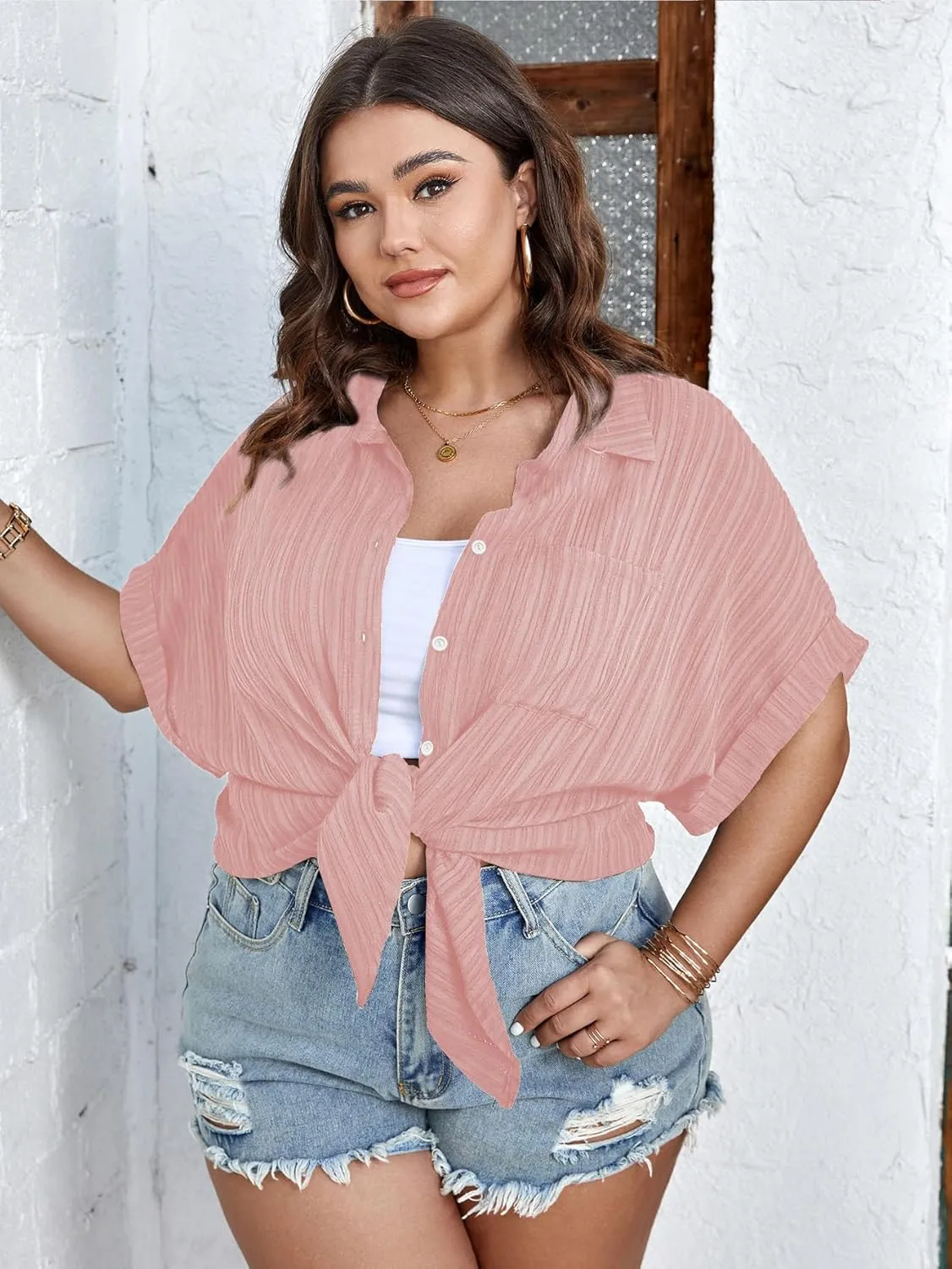 SCOMCHIC Women Plus Size Button Down Short Sleeve Shirts Collared Textured Summer Blouse Casual Tops with Pockets