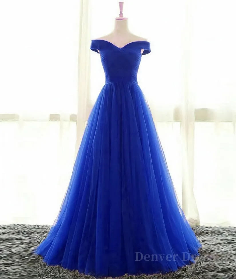 Simple sweetheart tulle blue long prom dress blue evening dress