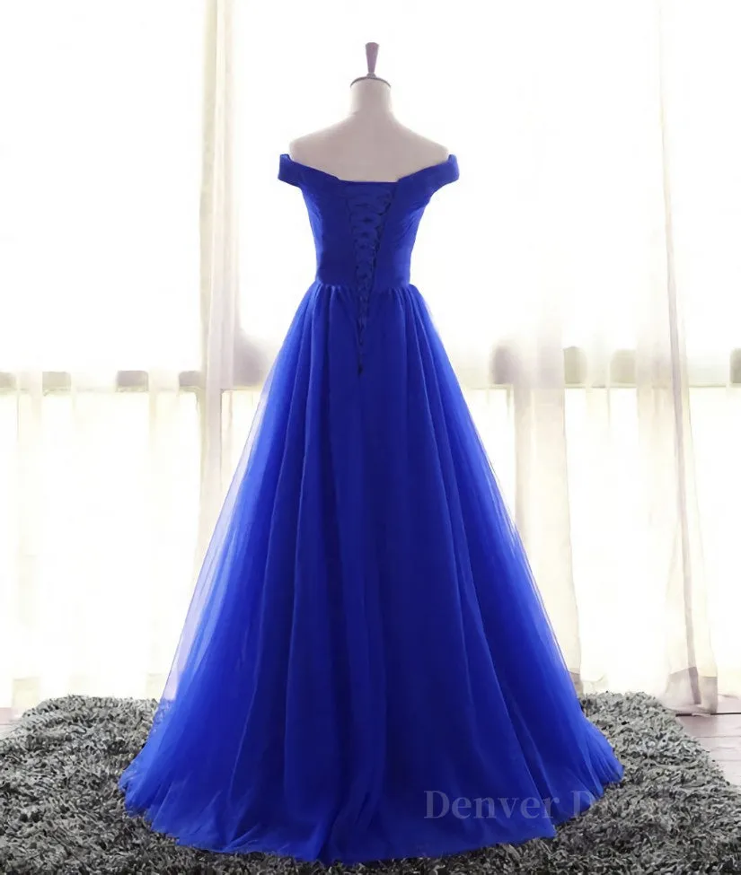 Simple sweetheart tulle blue long prom dress blue evening dress