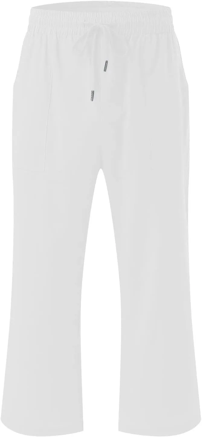 SMIDOW Capri Pants for Women Casual 2025 Summer Drawstring Elastic High Waist Linen Pant Straight Wide Leg Cropped Trouser
