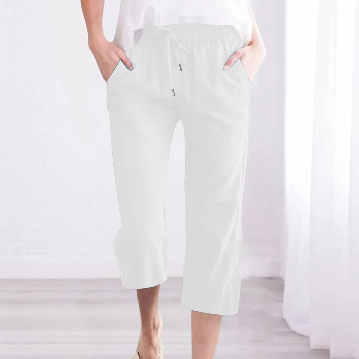 SMIDOW Capri Pants for Women Casual 2025 Summer Drawstring Elastic High Waist Linen Pant Straight Wide Leg Cropped Trouser
