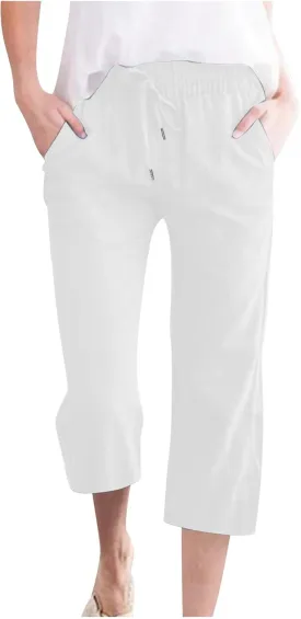 SMIDOW Capri Pants for Women Casual 2025 Summer Drawstring Elastic High Waist Linen Pant Straight Wide Leg Cropped Trouser