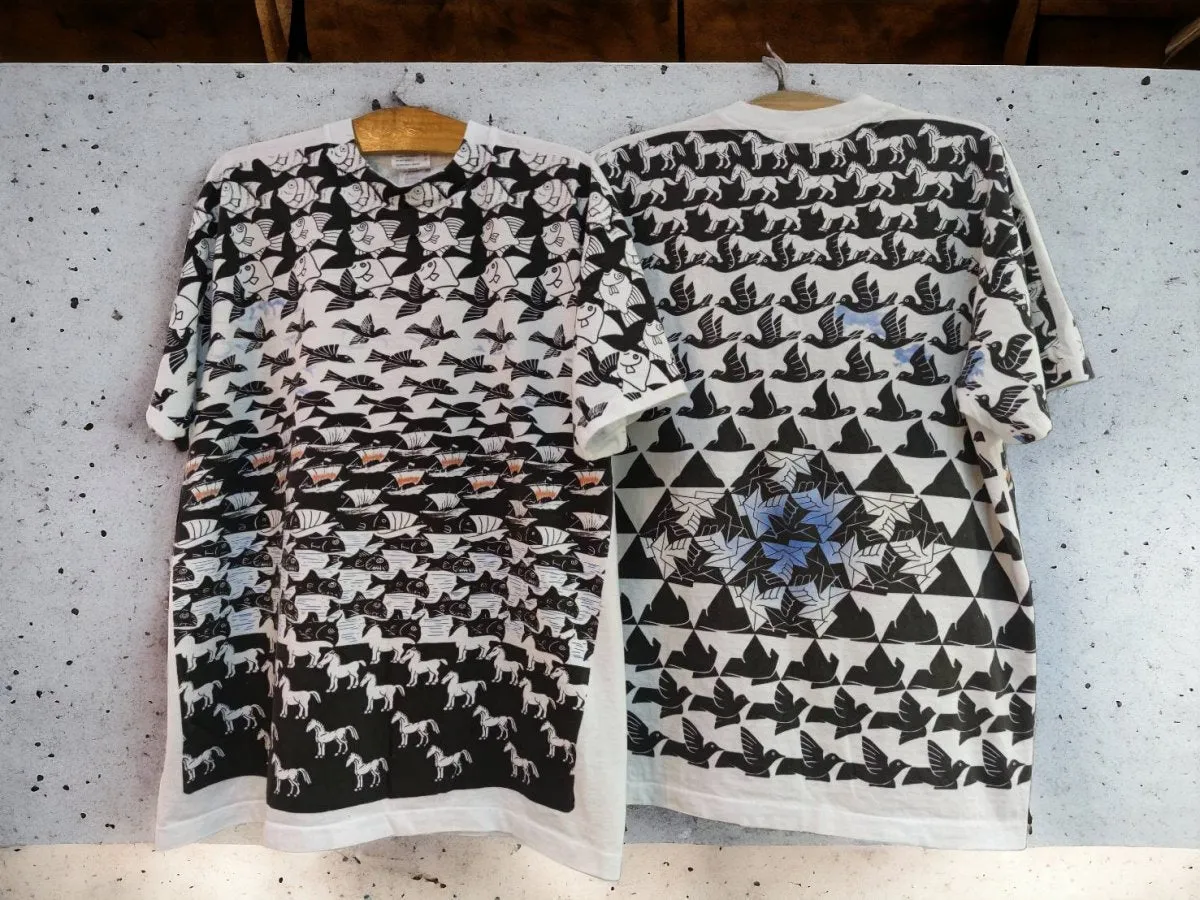 Surreal MC Escher Overprint T-Shirt: Birds-to-Planes-to-Ducks Transformation on Ultra-Comfortable 100% Cotton