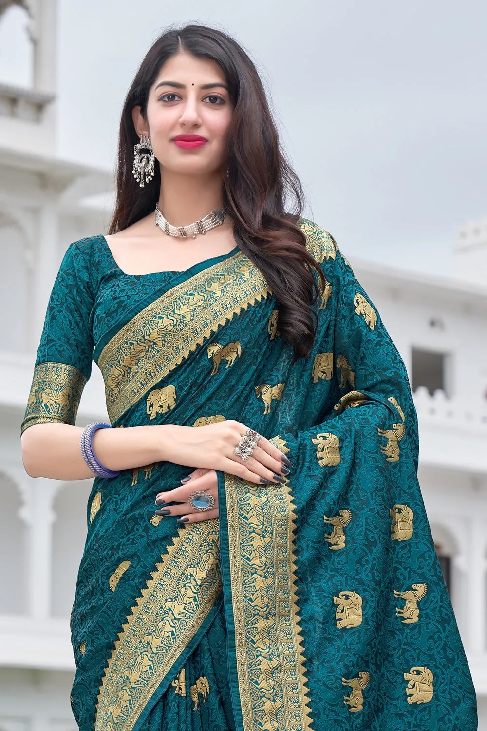 Teal Blue Weaving Silk Printed Traditional Saree
