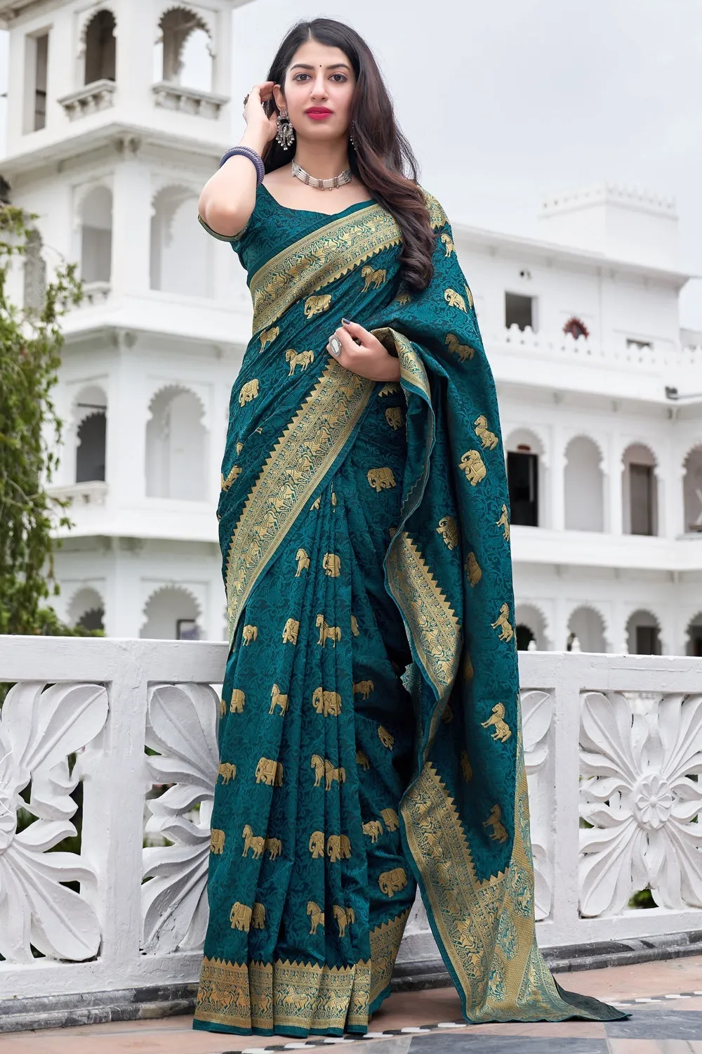 Teal Blue Weaving Silk Printed Traditional Saree