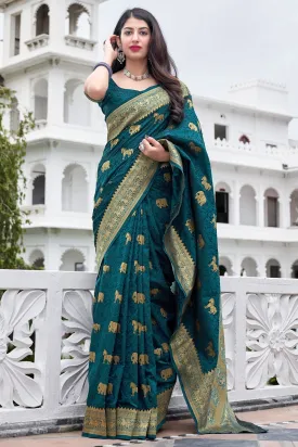 Teal Blue Weaving Silk Printed Traditional Saree