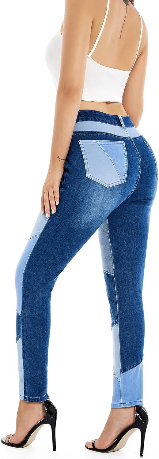 THUNDER STAR Women High Waist Patchwork Jeans Stretchy Denim Pants