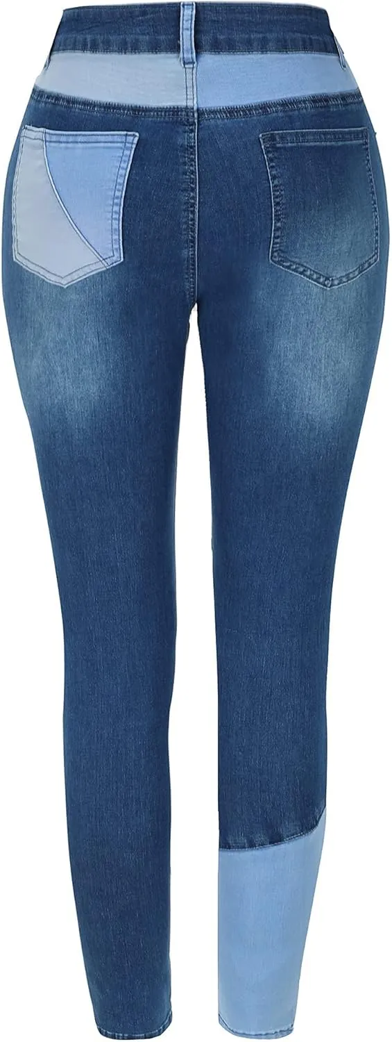 THUNDER STAR Women High Waist Patchwork Jeans Stretchy Denim Pants