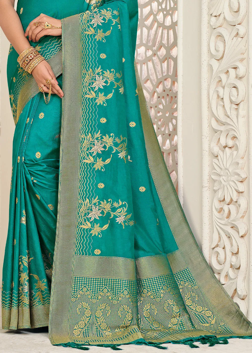 Turquoise Blue Zari Woven Dola Silk Saree