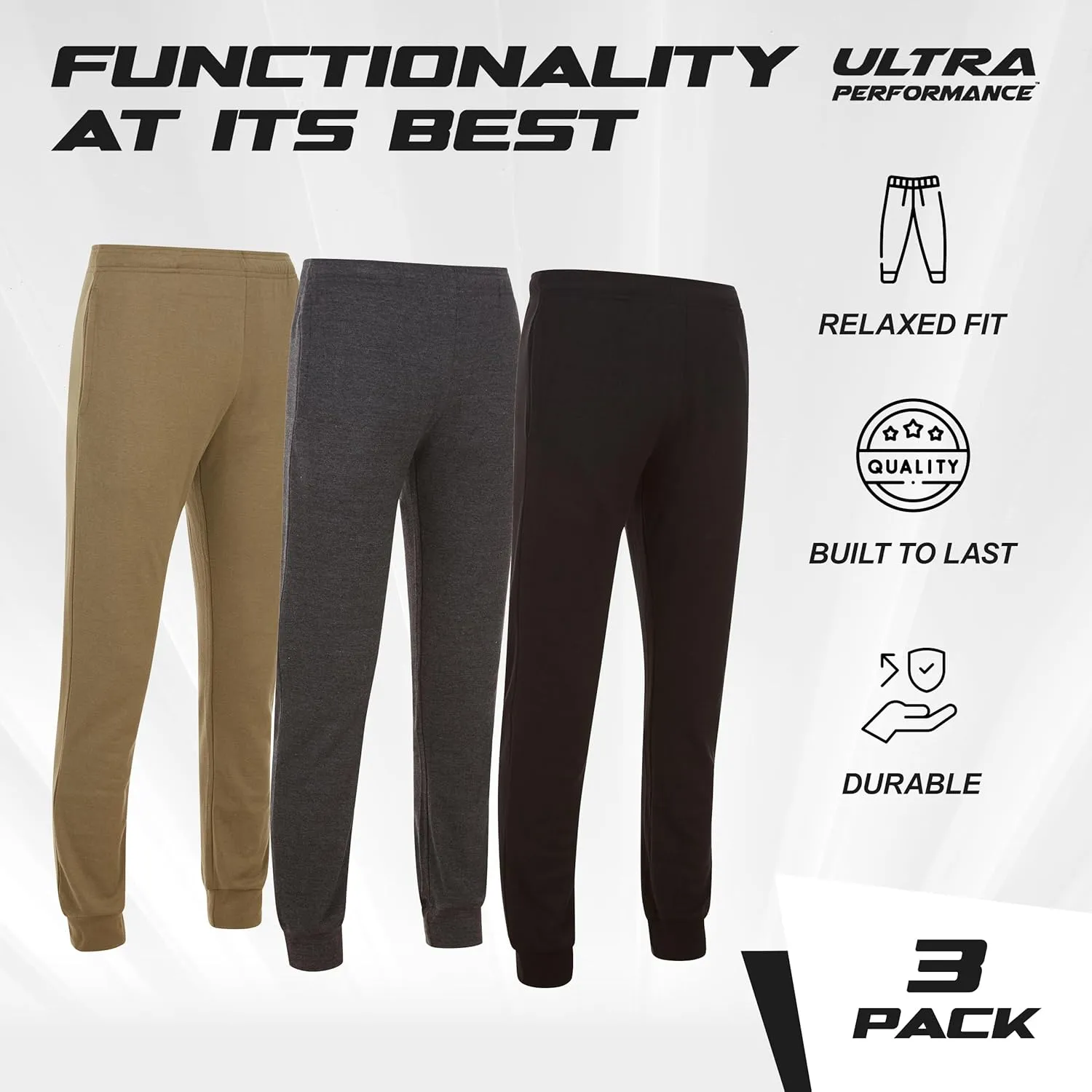 Ultra Performance 3 Pack Mens Lightweight Joggers for Men Casual Lounge Jogger Sweatpants with Pockets (SM - 4X)