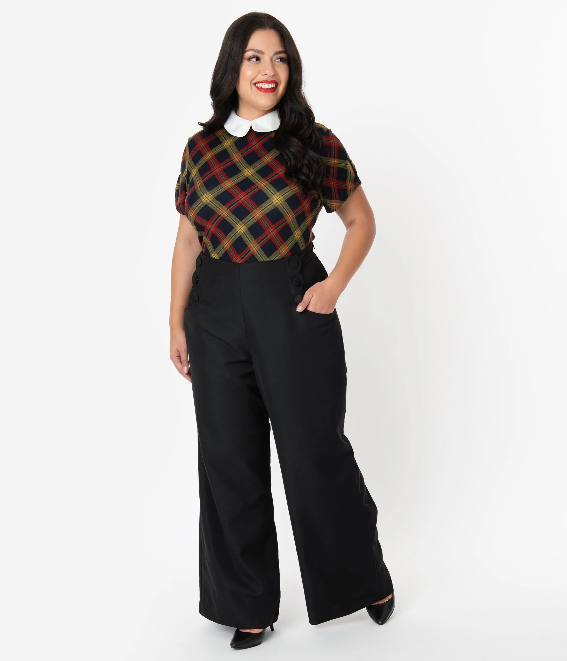 Unique Vintage Plus Size Black Wide Leg Rogers High Waisted Pants