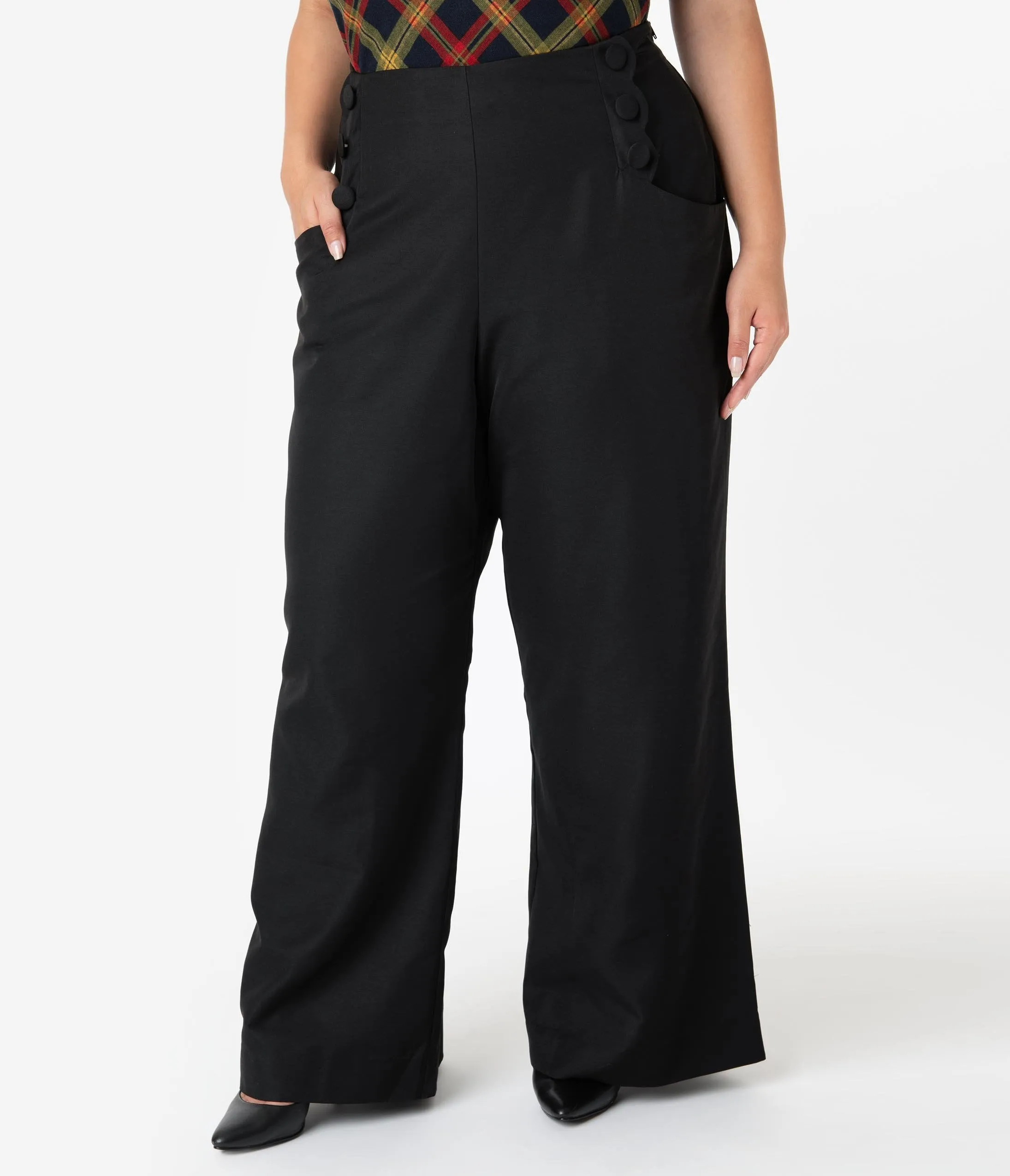 Unique Vintage Plus Size Black Wide Leg Rogers High Waisted Pants