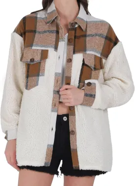 utcoco Women's Flannel Button Down Fleece Jacket Fall Fuzzy Plaid Blouse Jacket Winter Lightweight Coats