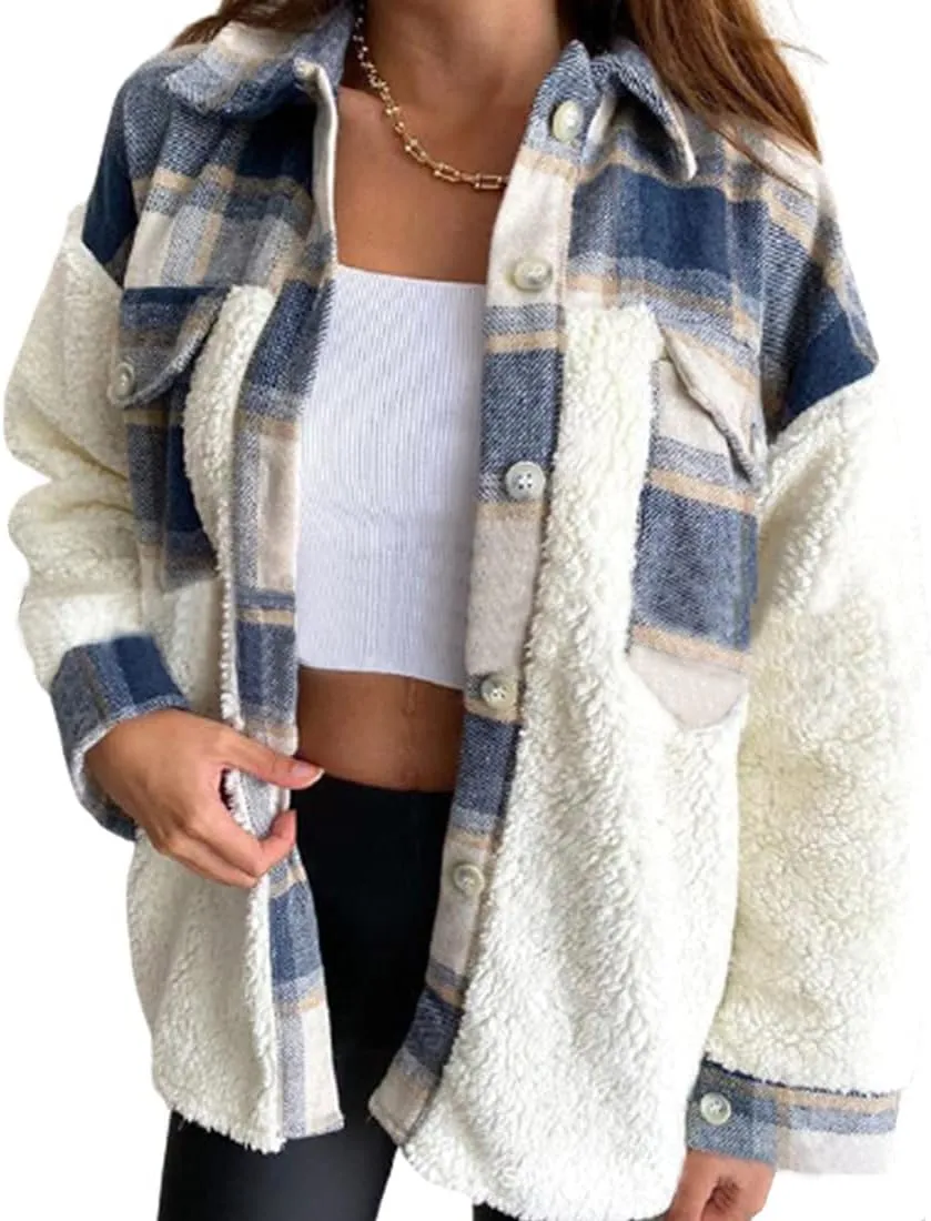 utcoco Women's Flannel Button Down Fleece Jacket Fall Fuzzy Plaid Blouse Jacket Winter Lightweight Coats