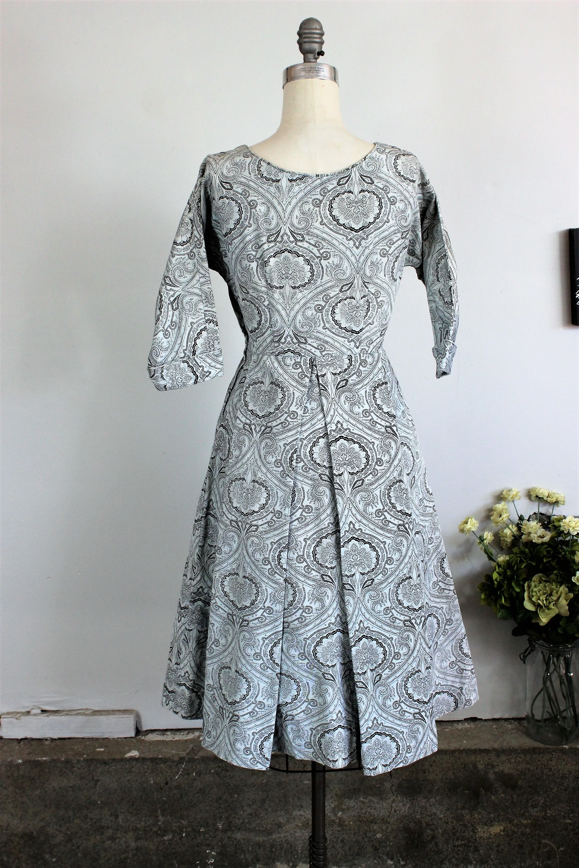 Vintage 1950s Fit And Flare Paisley Print Dress with Box Pleats