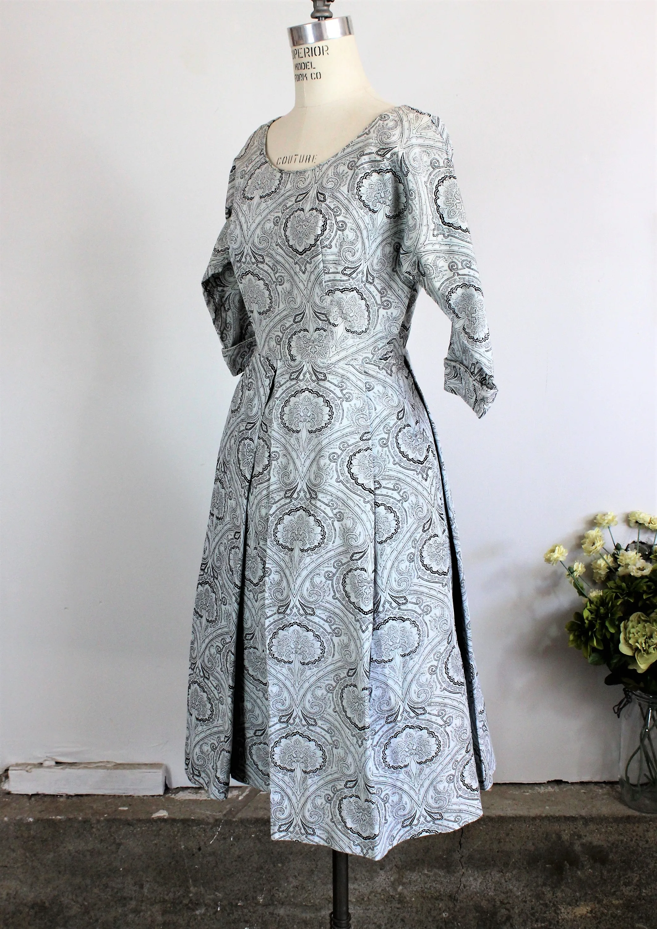 Vintage 1950s Fit And Flare Paisley Print Dress with Box Pleats