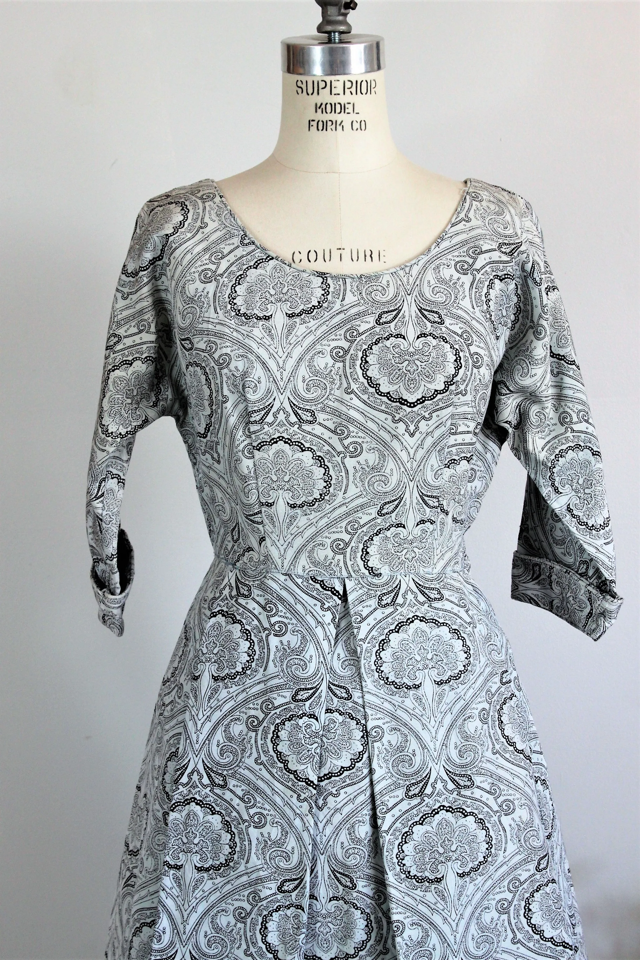 Vintage 1950s Fit And Flare Paisley Print Dress with Box Pleats