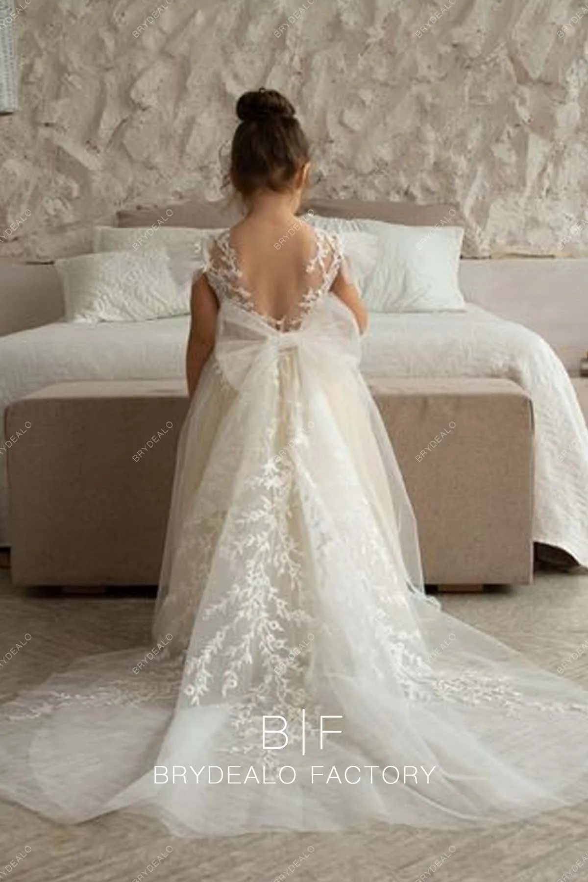 White Lace Champagne Tulle Ball Gown Elegant Flower Girl Dress
