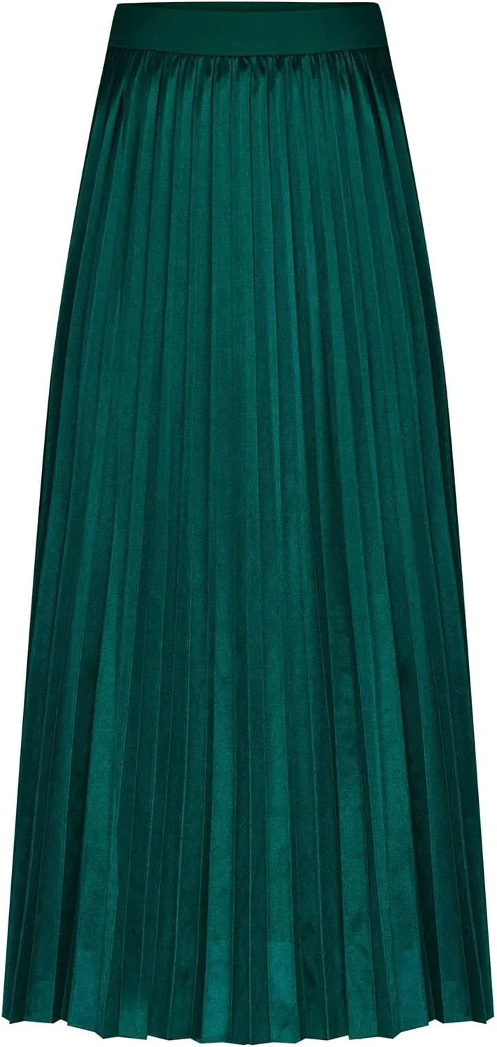 Women Satin Pleated Midi Skirts Elastic High Waisted Plus Size Boho Skirt Elegant Stretch A Line Long Dress