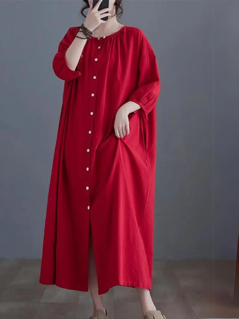 Women's Cool Button-Up Side Pockets A-Line Shirt dress