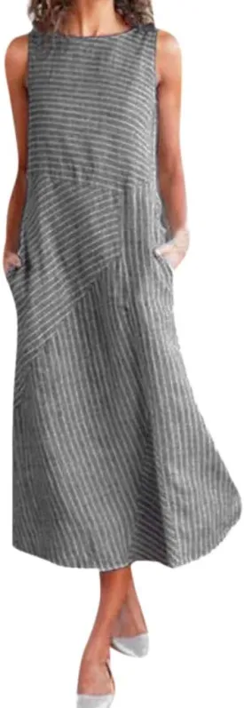 Women's Cotton Linen Sleeveless Midi Dress Striped Print Tank Dresses Flowy Casual Beach Long Sundress with Pocket
