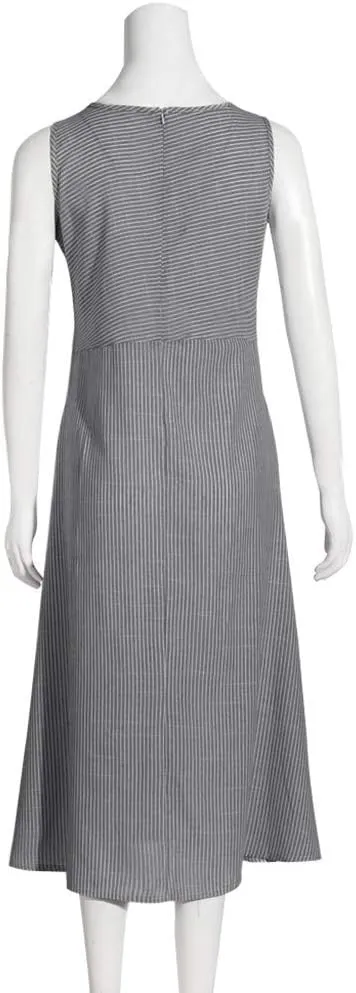 Women's Cotton Linen Sleeveless Midi Dress Striped Print Tank Dresses Flowy Casual Beach Long Sundress with Pocket