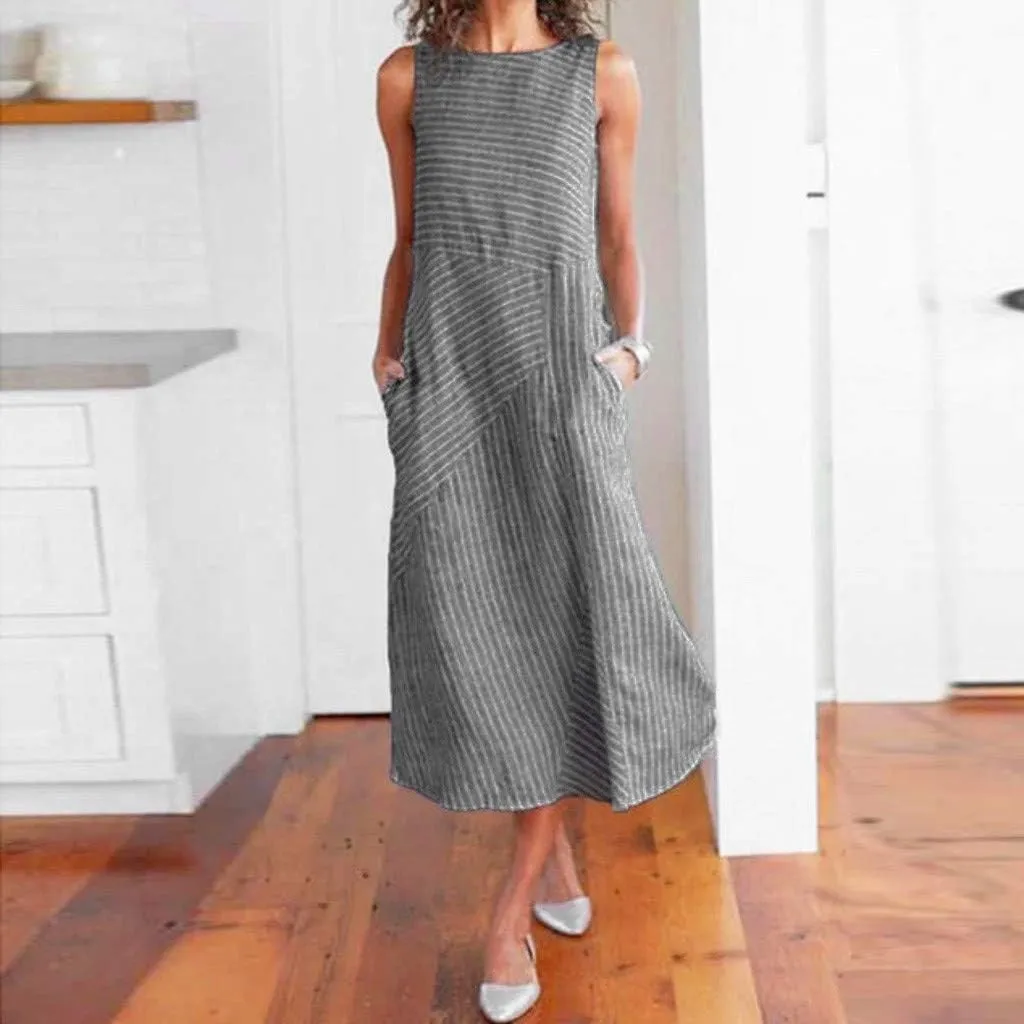 Women's Cotton Linen Sleeveless Midi Dress Striped Print Tank Dresses Flowy Casual Beach Long Sundress with Pocket