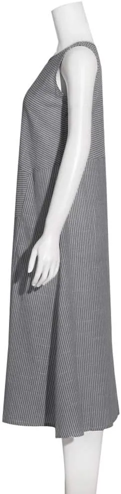 Women's Cotton Linen Sleeveless Midi Dress Striped Print Tank Dresses Flowy Casual Beach Long Sundress with Pocket
