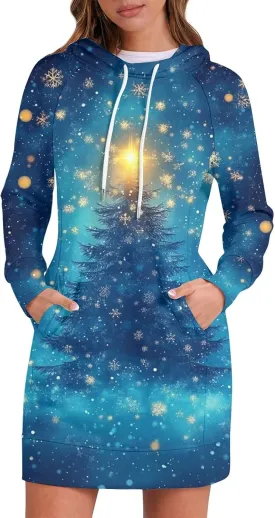 Women's Fall Christmas Tree Snowflake Print Long Sleeve Tops Round Neck Patchwork Sweatshirt Hooded Dresses
