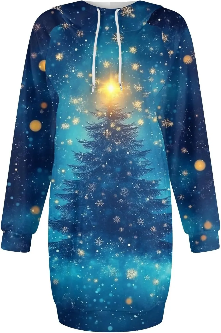 Women's Fall Christmas Tree Snowflake Print Long Sleeve Tops Round Neck Patchwork Sweatshirt Hooded Dresses