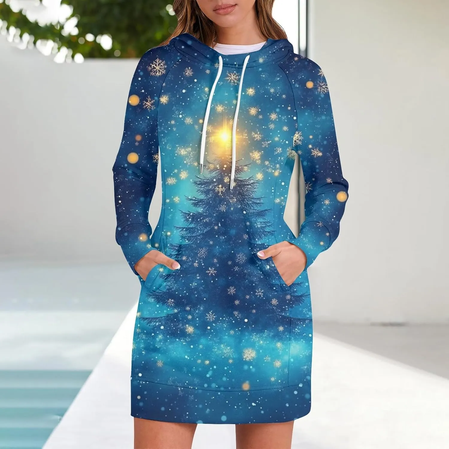 Women's Fall Christmas Tree Snowflake Print Long Sleeve Tops Round Neck Patchwork Sweatshirt Hooded Dresses