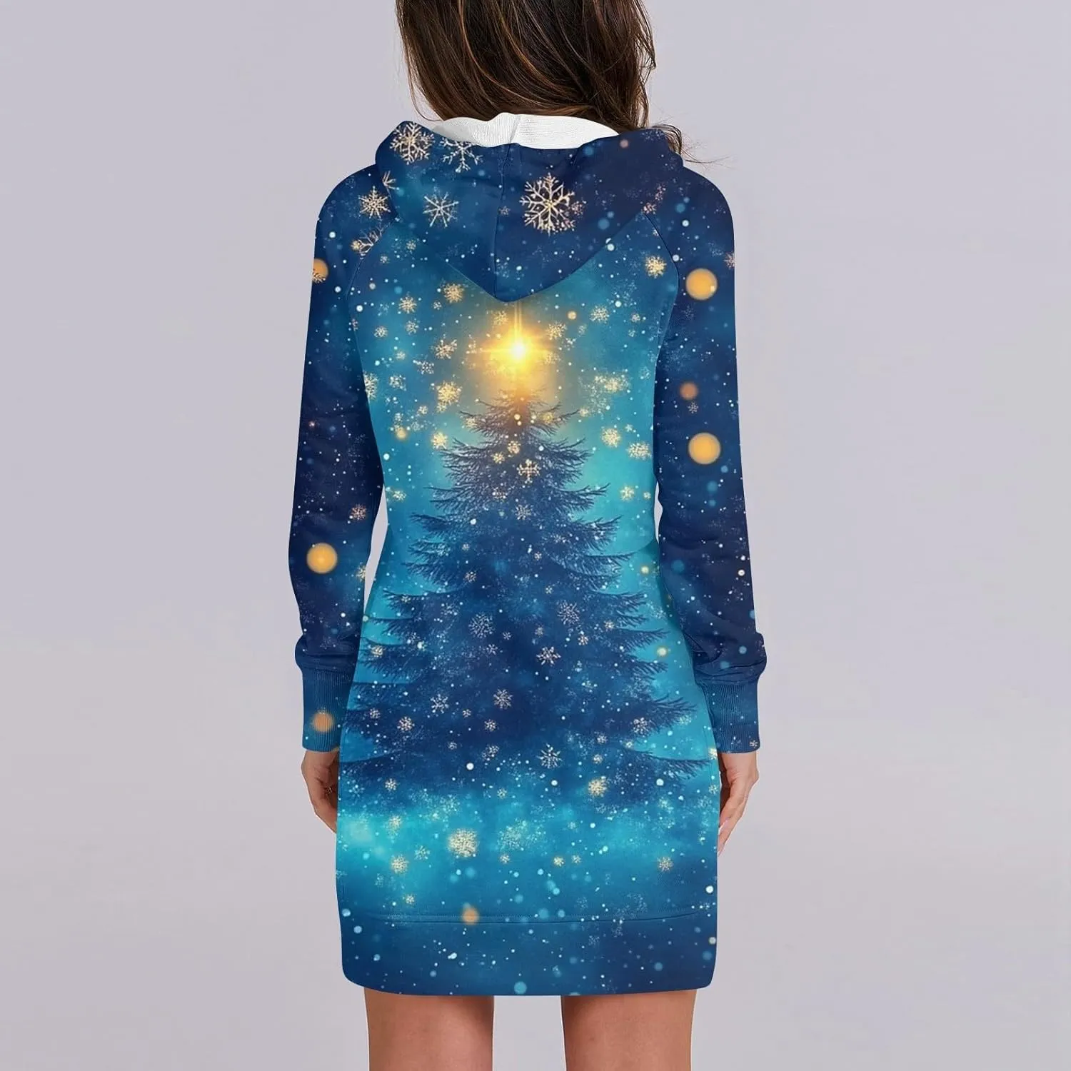 Women's Fall Christmas Tree Snowflake Print Long Sleeve Tops Round Neck Patchwork Sweatshirt Hooded Dresses