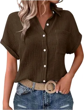 Womens Gauze Shirts Button Down Dress Shirts Casual Short Sleeve Textured Collared Summer Work Blouse Camping Clothes