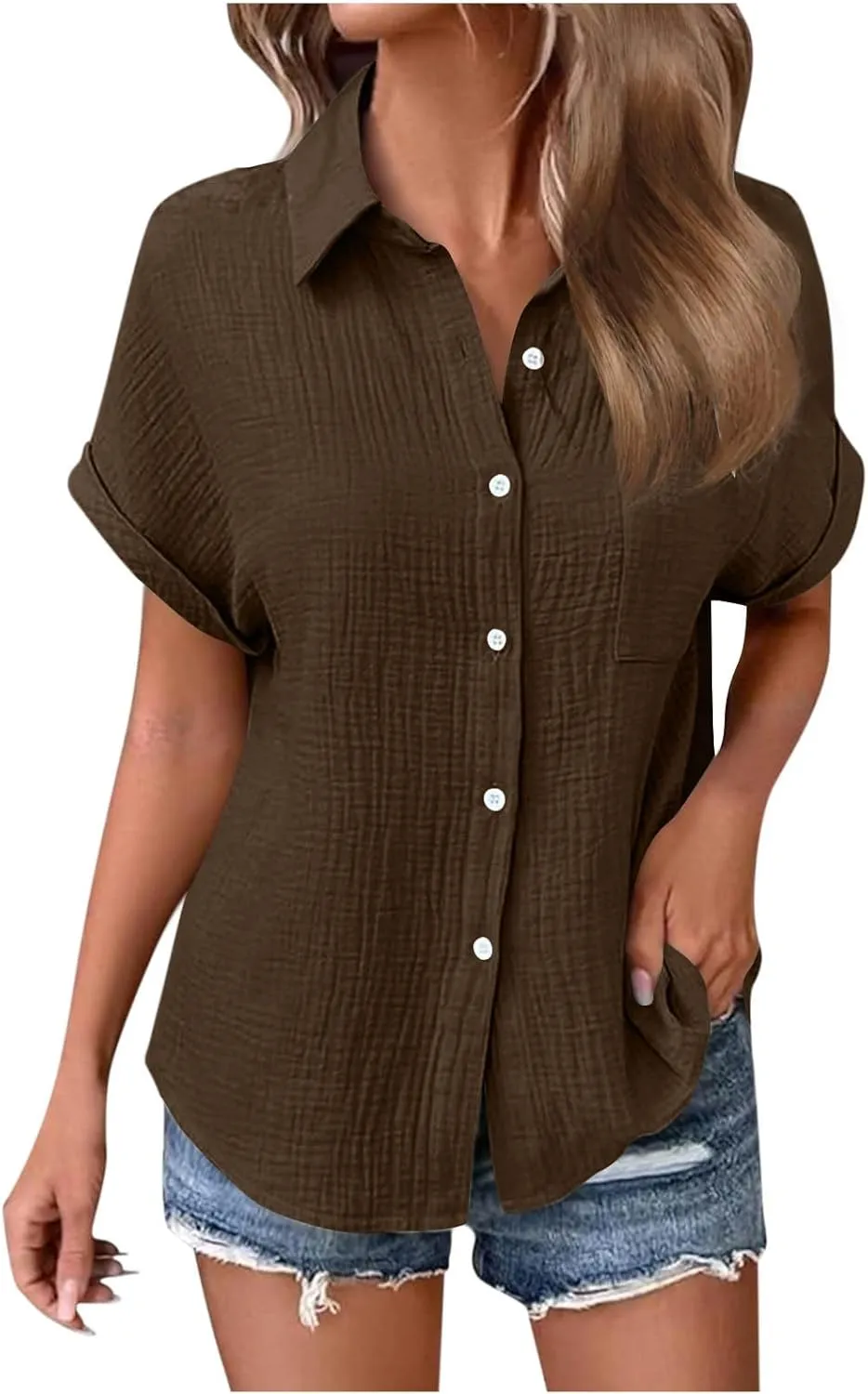 Womens Gauze Shirts Button Down Dress Shirts Casual Short Sleeve Textured Collared Summer Work Blouse Camping Clothes