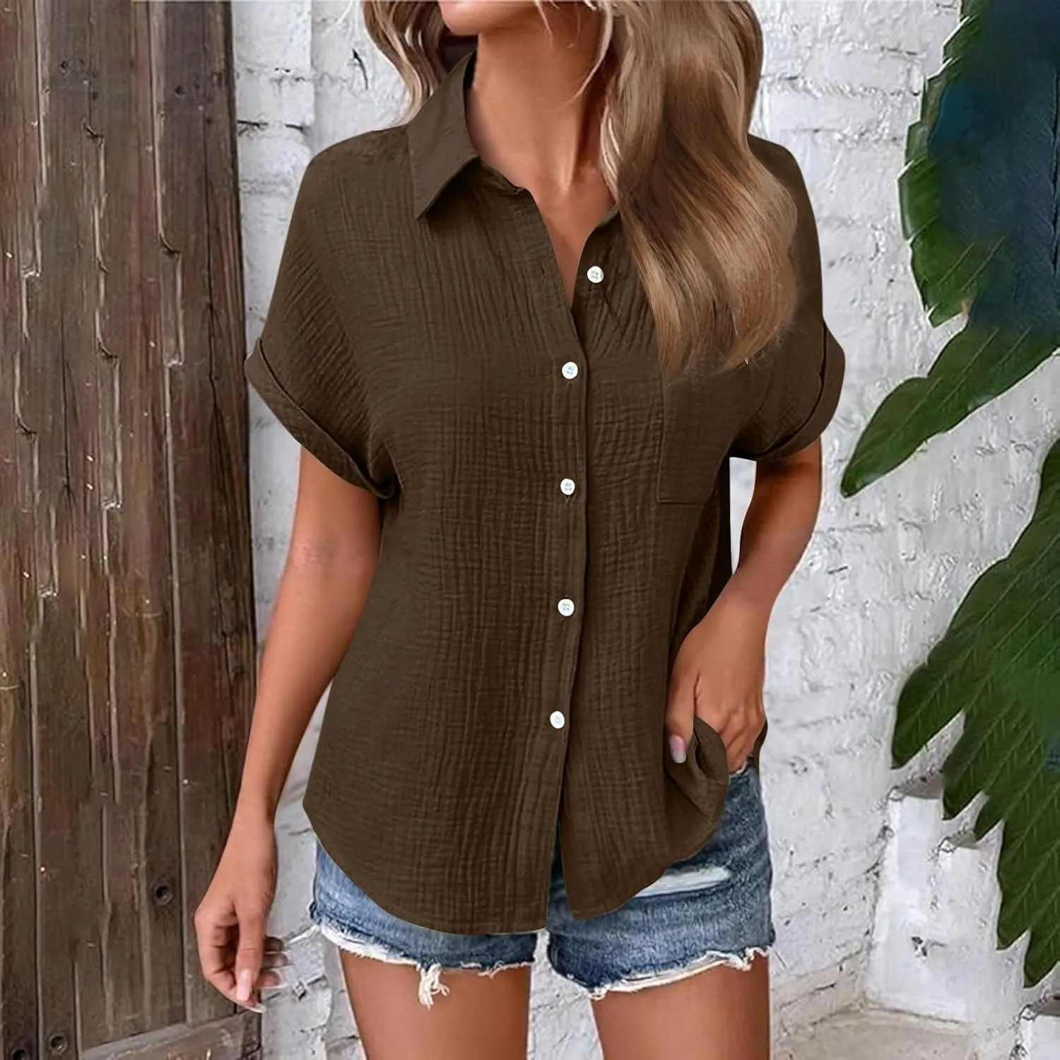 Womens Gauze Shirts Button Down Dress Shirts Casual Short Sleeve Textured Collared Summer Work Blouse Camping Clothes