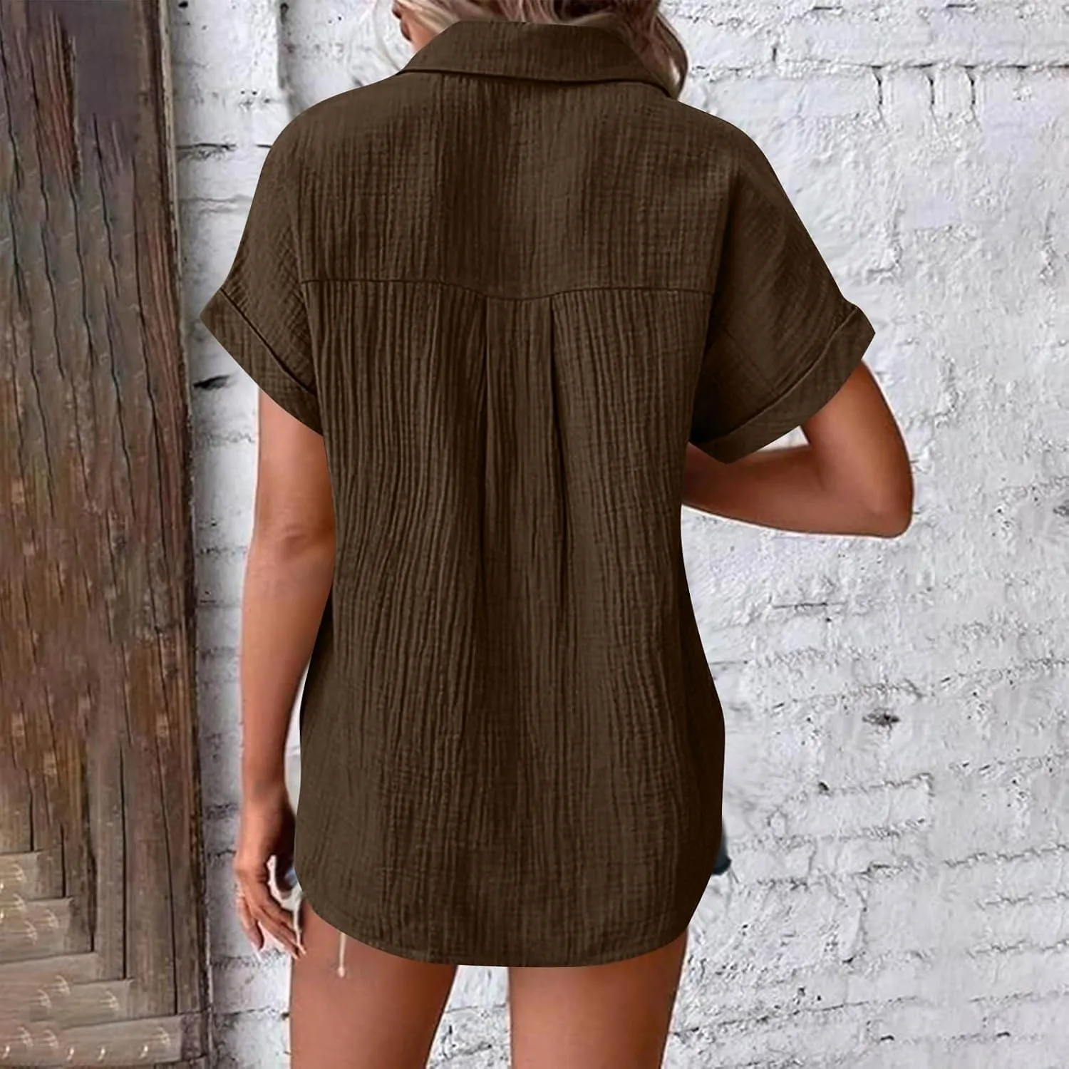 Womens Gauze Shirts Button Down Dress Shirts Casual Short Sleeve Textured Collared Summer Work Blouse Camping Clothes