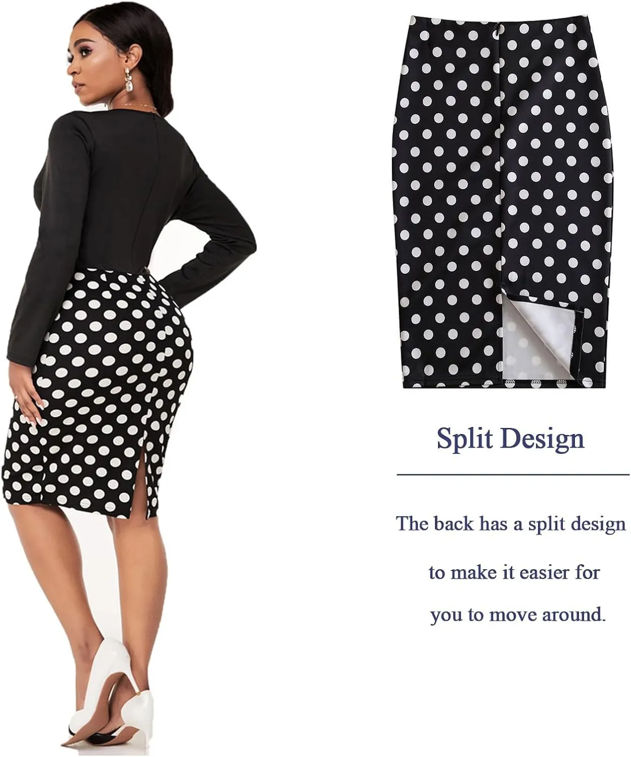 Womens Print Midi Pencil Skirt High Waisted Stretch Office Straight Spit Skirt