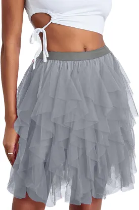 Women's Tulle Mini Skirt Ruffled Mesh Puffy Ballet Tutu Skirts 50s Carnival Party Elastic Waist Short Underskirts